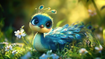 Obraz premium A cute stylized peacock chick poses amidst flowers and tall grass