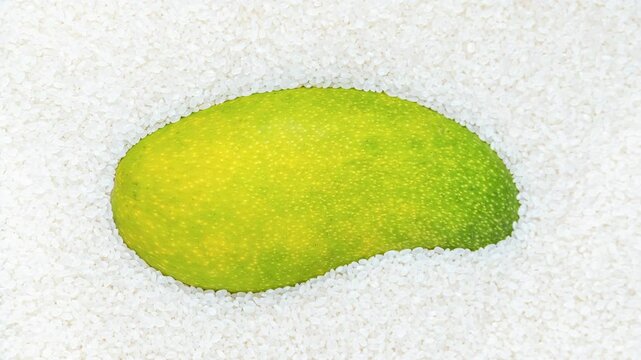 time lapse of a green mango turning yellow in rice
