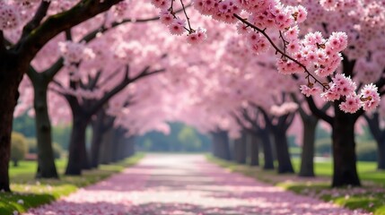 A serene cherry blossom garden in full bloom, delicate pink petals drifting in the wind, a peaceful scene with soft sunlight filtering through ancient branches.