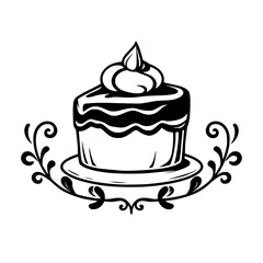 Elegant Black and White Vector Illustration of a Layered Cake on a Plate with Decorative Floral Accents