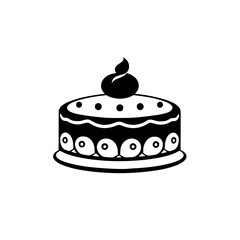 Minimalist Black and White Cake Illustration with a Decorative Topping, Berries, and Dotted Design, Isolated.
