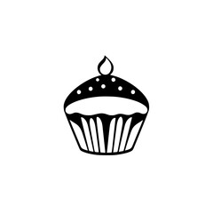 Minimalist black and white cupcake illustration with a flame-shaped detail, featuring polka dots on top, set against a pristine white background.