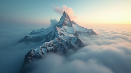 A towering misty mountain peak emerging above dense clouds, bathed in golden sunlight, its rugged slopes glowing as morning light breaks through.