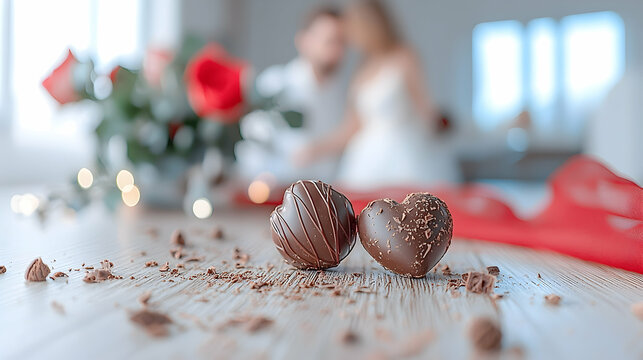 Romantic chocolates alongside roses are arranged on a wooden surface