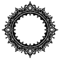 Ornate Black and White Circular Ornamental Frame with Red Accents and Intricate Detailed Design, Isolated on White Background.