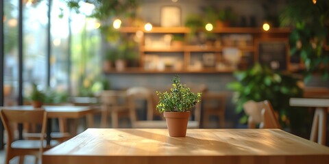 Obraz premium Cozy Cafe Interior with Plant on Wooden Table and Warm Lighting