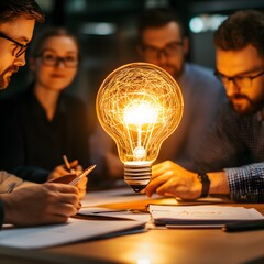 Illuminating Ideas: A group of professionals gather around a glowing light bulb, symbolizing innovation and the spark of inspiration. The scene conveys collaboration and the pursuit of new concepts.