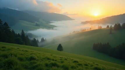 Fototapeta premium A misty valley at dawn, rolling fog drifting over lush green hills, partially obscuring scattered trees, while the soft golden sunlight filters through the haze in a dreamy landscape.