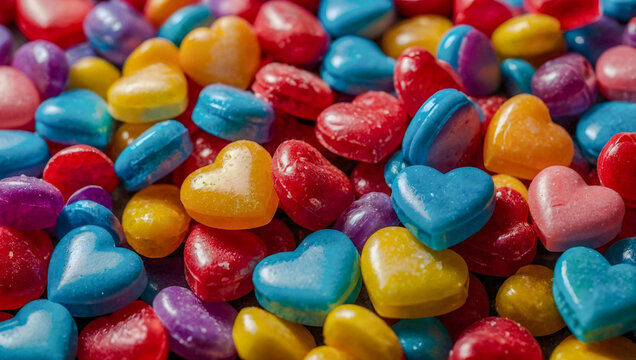 Colorful heart-shaped candies glistening on a surface.