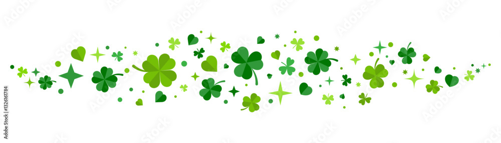 Poster shamrock or leaf clover border with hearts shape, stars and sparkles on transparent background. luck