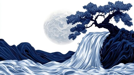 Pixelated Waterfall Scene Under A Moon