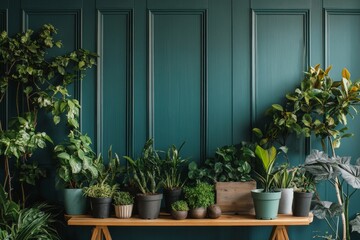 Lush green houseplants displayed on a wooden shelf against a teal wall.