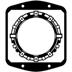 Geometric Abstract Design: Black and White Circular Pattern Inside a Rectangular Frame, Featuring a Modern, Industrial Aesthetic.