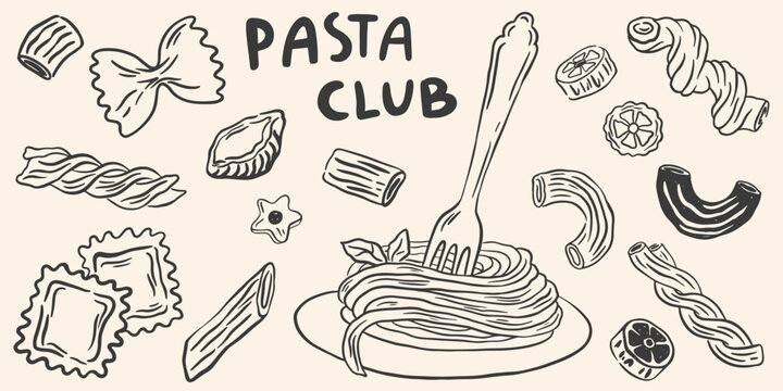 Naklejki Minimalist hand drawn pasta vector set. Different Mediterranean spaghetti types. Italy la dolce vita coast food for greeting cards, poster, postcards. Doodle sketch icons in crayon drawing style