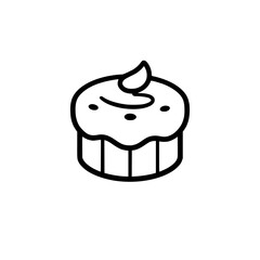 Simple, Black & White Line Art Illustration of a Single, Decorated Cupcake with Detailed Frosting on a White Background.