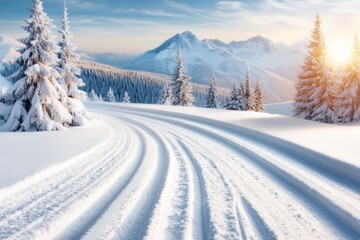 Obraz premium A snowy mountain pass with pine trees dusted in snow and the sun shining brightly overhead