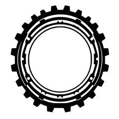 A symmetrical and detailed black and white vector illustration of a stylized gear with concentric circular patterns and intricate internal details, isolated on a white background, suggesting mechanics