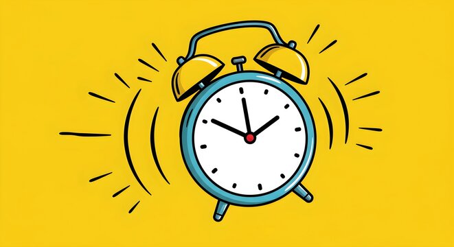 A vibrant vector illustration of a ringing alarm clock in comic book style, featuring bold lines, dynamic effects, and energetic motion.