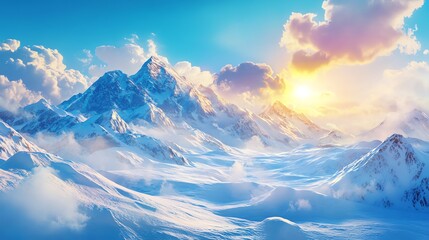 Fototapeta premium Snowy Mountain Range Under a Sunny Sky with Light Clouds Scenery