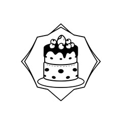 Elegant black and white vector illustration of a layered cake with cherries, presented within a decorative diamond-shaped frame.