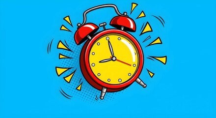 A vibrant vector illustration of a ringing alarm clock in comic book style, featuring bold lines, dynamic effects, and energetic motion.
