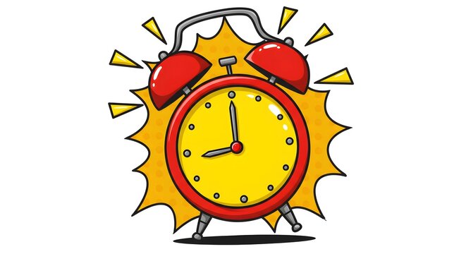 A vibrant vector illustration of a ringing alarm clock in comic book style, featuring bold lines, dynamic effects, and energetic motion.