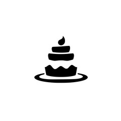 Minimalist Black and White Cake Icon on a Plate with a Single Lit Candle; Celebrating Celebration and Sweetness
