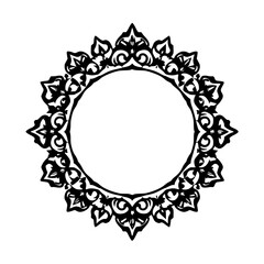 Intricate Black and White Circular Decorative Frame, Ornate Border with Repeating Floral and Swirl Patterns. Isolated on White Background, Vintage.