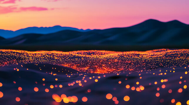 Enchanting firefly dance in a meadow at twilight