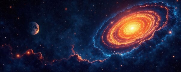 Intricate celestial pattern; swirling suns, moons, stars on deep black , illustration, graphic