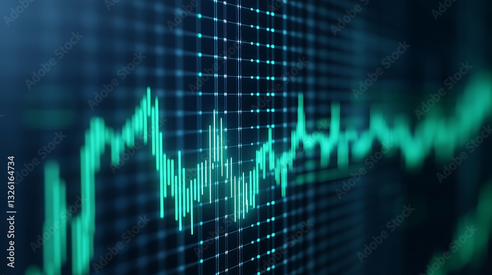 Poster abstract blue and green digital sound wave graph pattern with fluctuating data points on a grid back