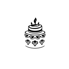 Simple black and white illustration of a tiered cake with candles, adorned with stylized patterns and set against a plain white backdrop.