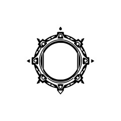 Detailed, symmetrical black and white circular design, featuring an ornamental geometric frame with sharp elements, reminiscent of a compass rose.