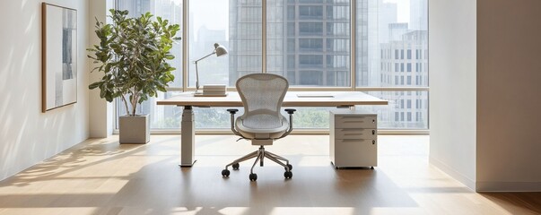 A modern office interior with desk chair and cityscape views