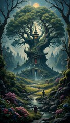 The image is a digital illustration of a fantasy landscape with a large tree in the center. The tree has multiple branches and leaves, and its trunk is twisted and gnarled. It is surrounded by lush gr