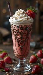 The image is of a tall glass filled with a pink milkshake. The glass is decorated with an intricate gold design and has a handle on one side. On top of the glass, there is a generous dollop of whipped