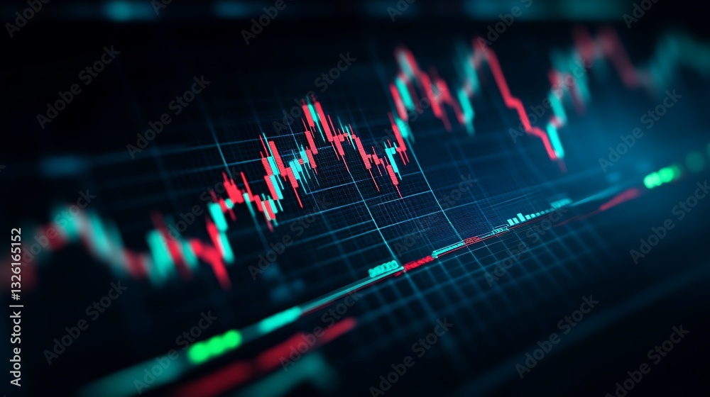 Poster abstract data chart with fluctuating graphical lines and colorful financial indicators for digital b
