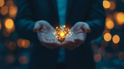 A businessman holding glowing network connections in his hands, symbolizing the connection between business, marketing and technology.
