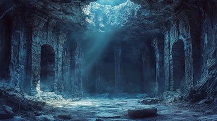 A mysterious, empty cave with intricate stone formations and subtle lighting from above 