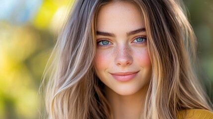 Fototapeta premium Portrait Of Young Woman With Freckles And Blue Eyes