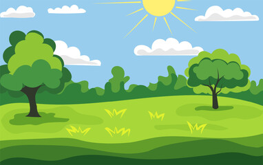 Obraz premium Bright summer day in a peaceful park with green trees and a clear blue sky