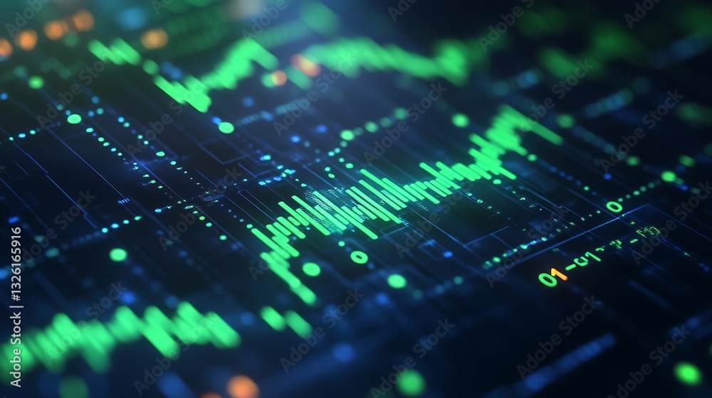 Poster abstract data visualization with green and blue graphical elements on digital interface background