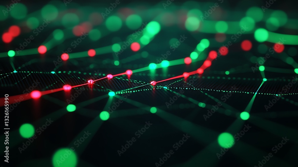 Poster abstract data visualization with green and red dots connected by lines on a dark background