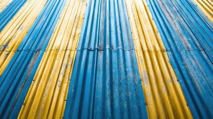 A blue and yellow corrugated roof with a fire hydrant, useful for construction or cityscape images