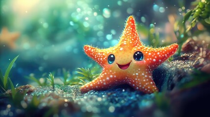A smiling orange cartoon starfish on a watery seabed scene