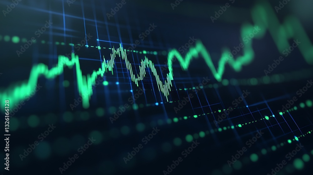 Poster abstract data visualization with green graph lines and digital elements on a dark background