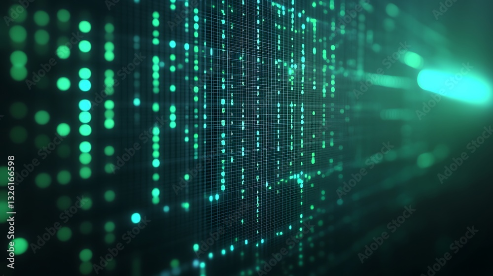 Poster abstract digital background with bright green data points and flowing lines in a high-tech environme