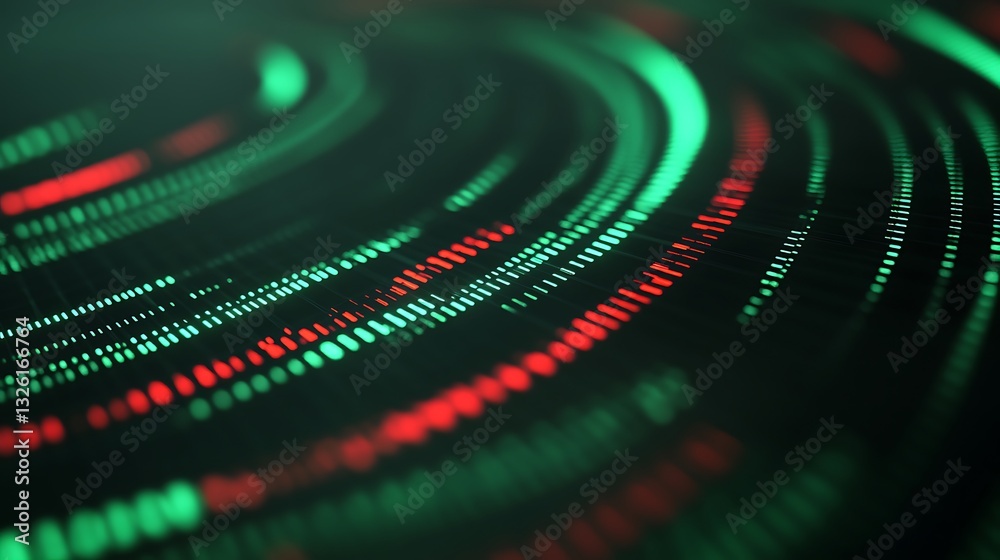 Poster abstract digital background with colorful lines in green and red, representing data waves and techno