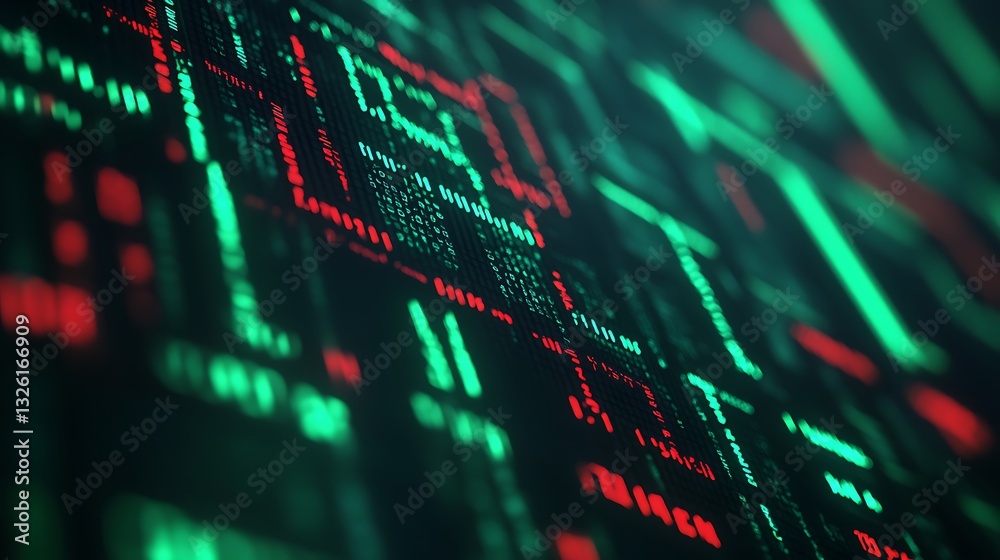Poster abstract digital background with glowing circuits and binary codes in vibrant red and green colors