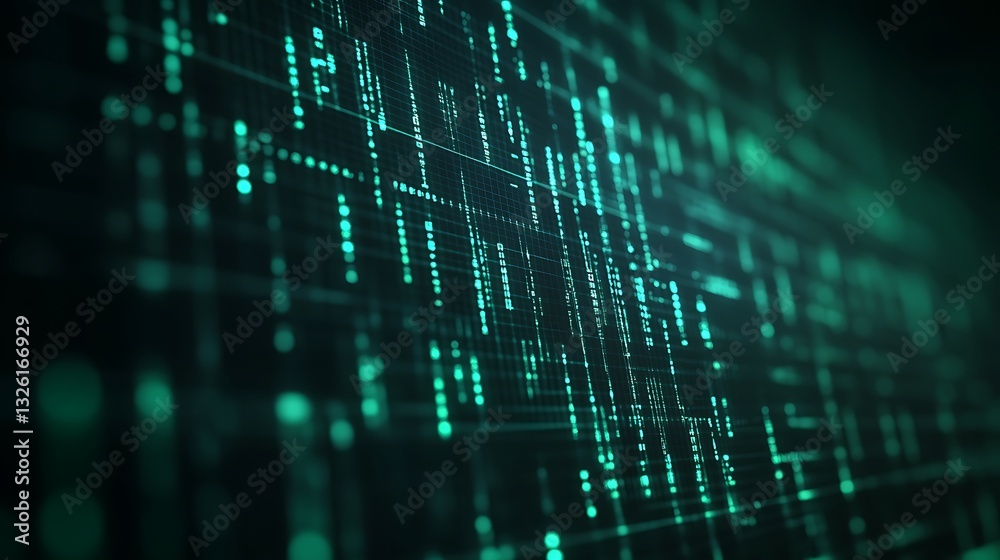 Poster abstract digital background with glowing data streams and matrix-style patterns in green and black h